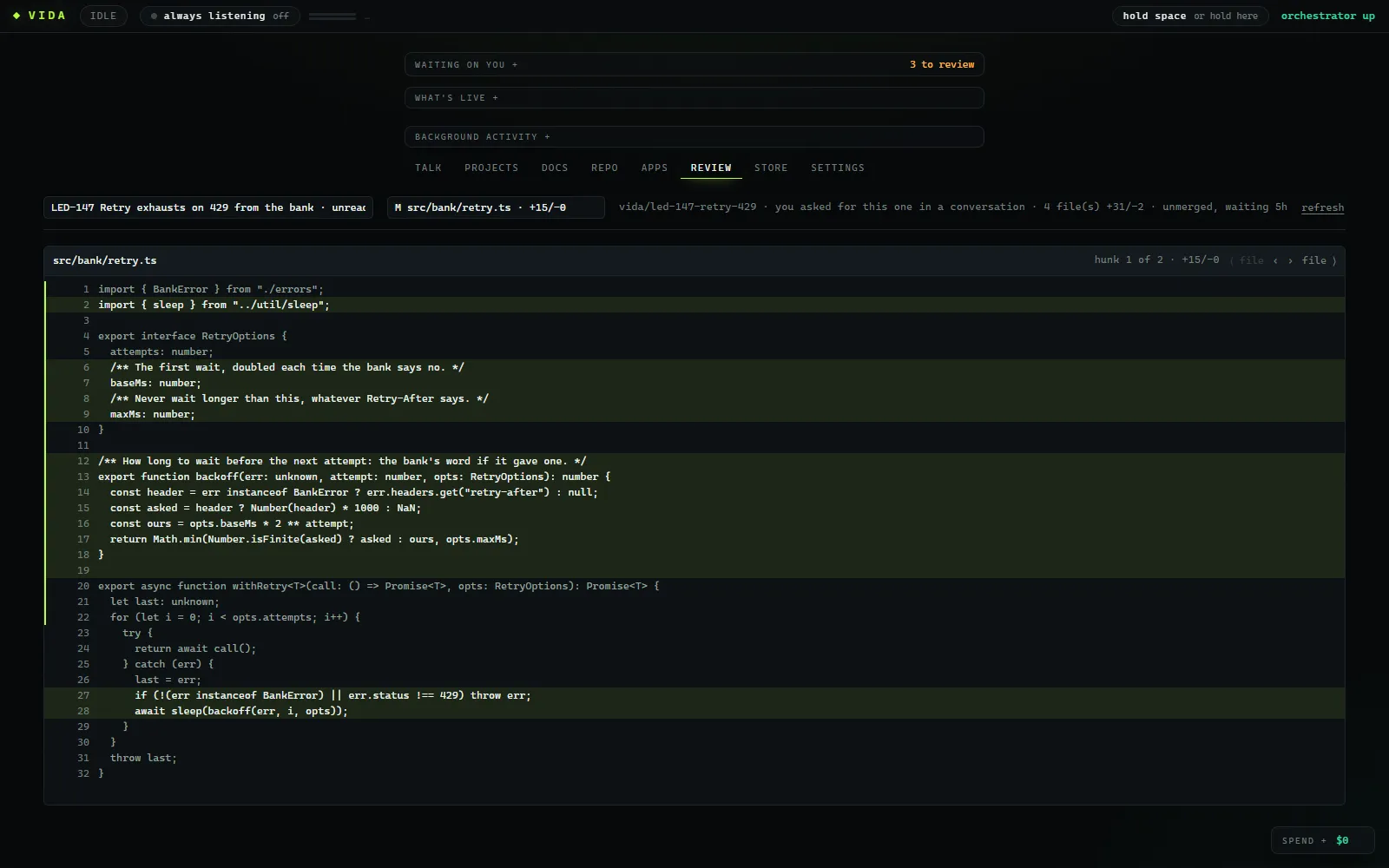 The review tab: a task picker, a file picker, and one file shown whole with the lines the task wrote highlighted